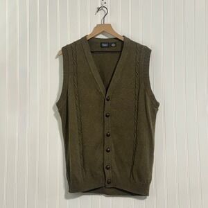 Haggar Mens Sweater Vest Large Olive Green Cotton Knit Made in USA Old Money VTG